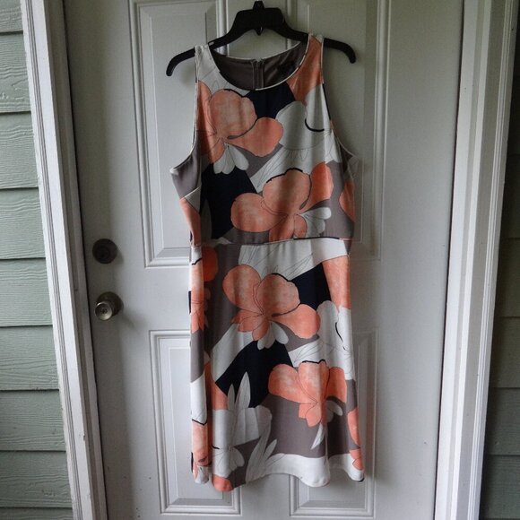 Ann Taylor sleeveless dress size 16, Poly. & Spandex, cream, peach, taupe, black - Picture 1 of 15